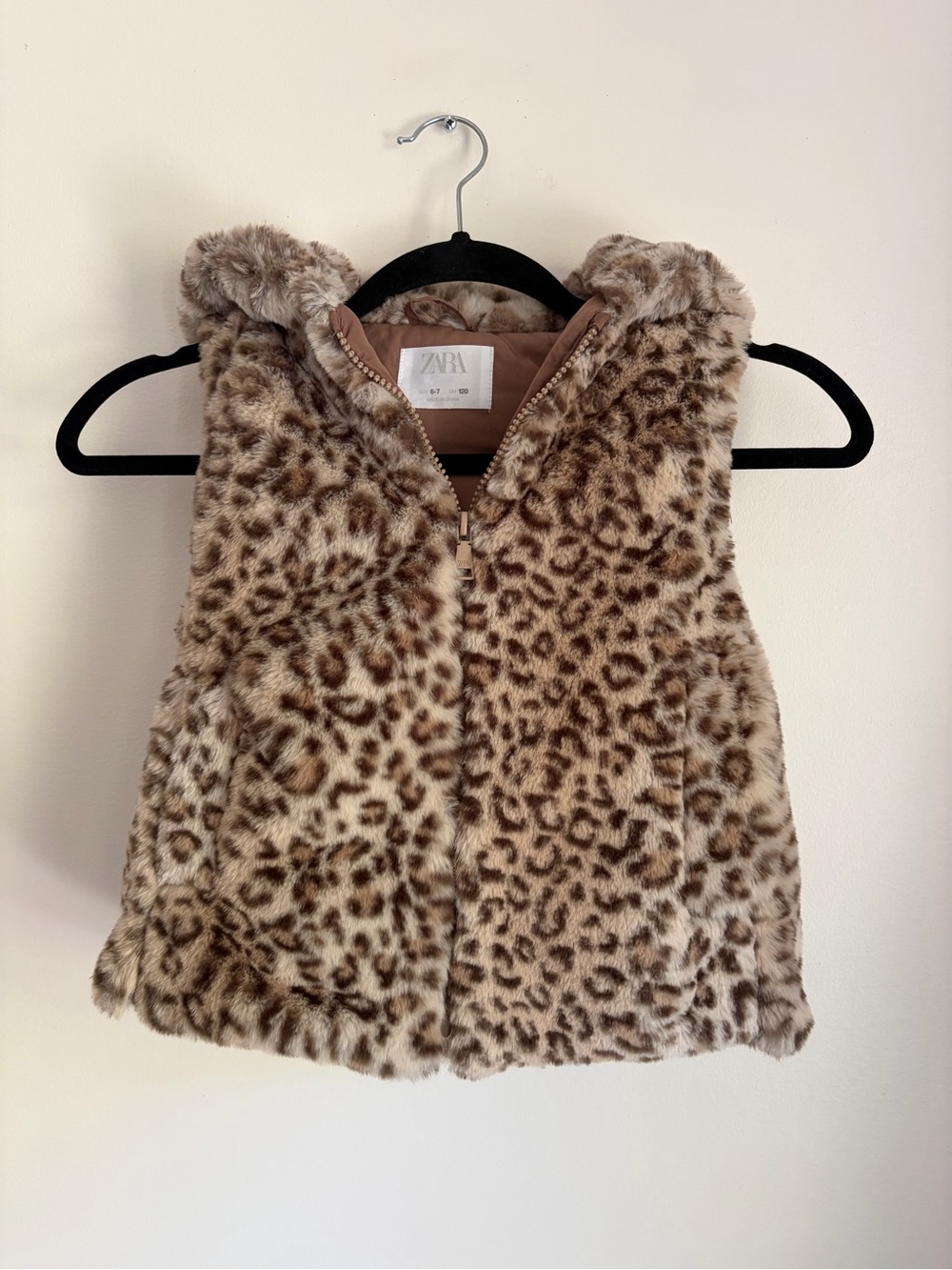 Zara Girls Leopard Print Faux Fur Hooded Vest